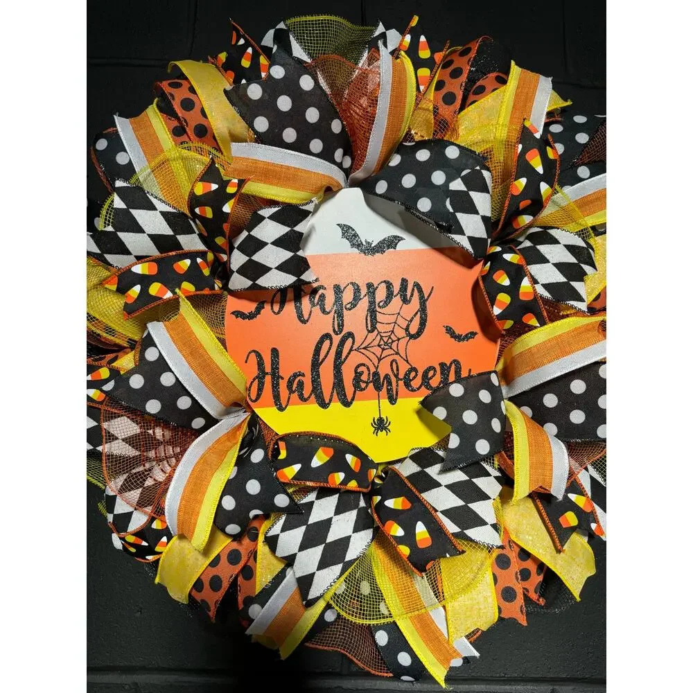 Halloween Wreath~Candy Corn, Trick Or Treat~Large~Front Door~Handmade 22 inch